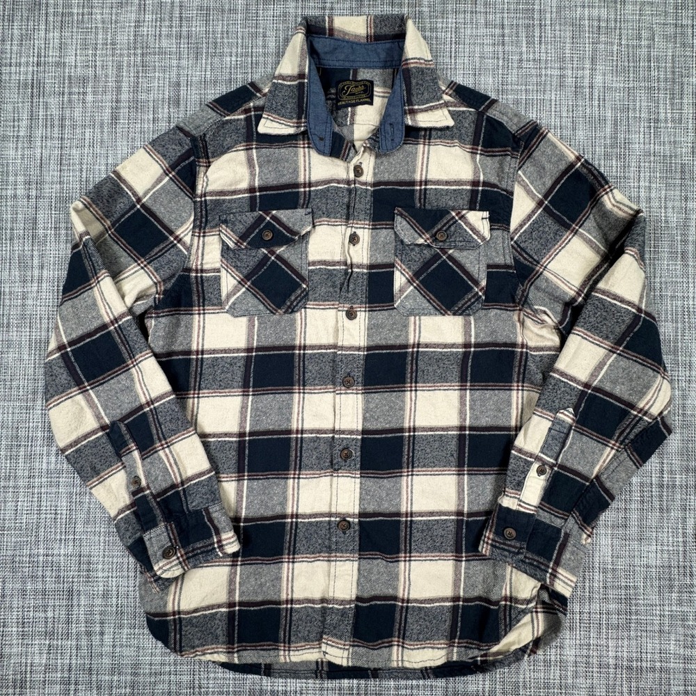 Jachs NY Heritage Men's Flannel Shirt Blue Cream Plaid Cotton Medium Long Sleeve